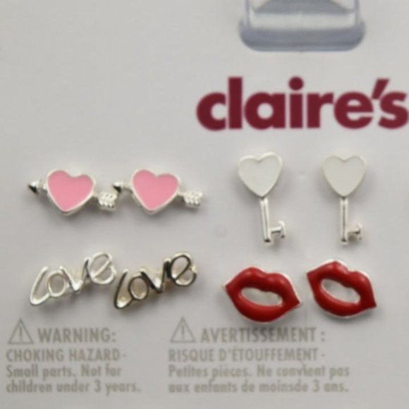 Claires Valentine Earrings Set of 9 Hearts Lips Key Lock Roses Love Stud Hoops - Picture 2 of 5